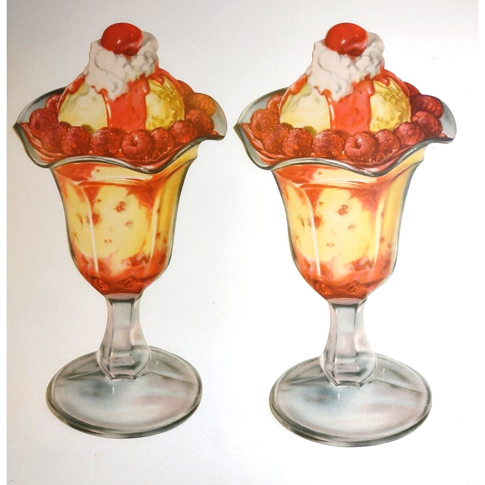 2 Ice Cream Sundae Dessert Diecuts Paper Signs 1950s Vintage Pop Shop Original